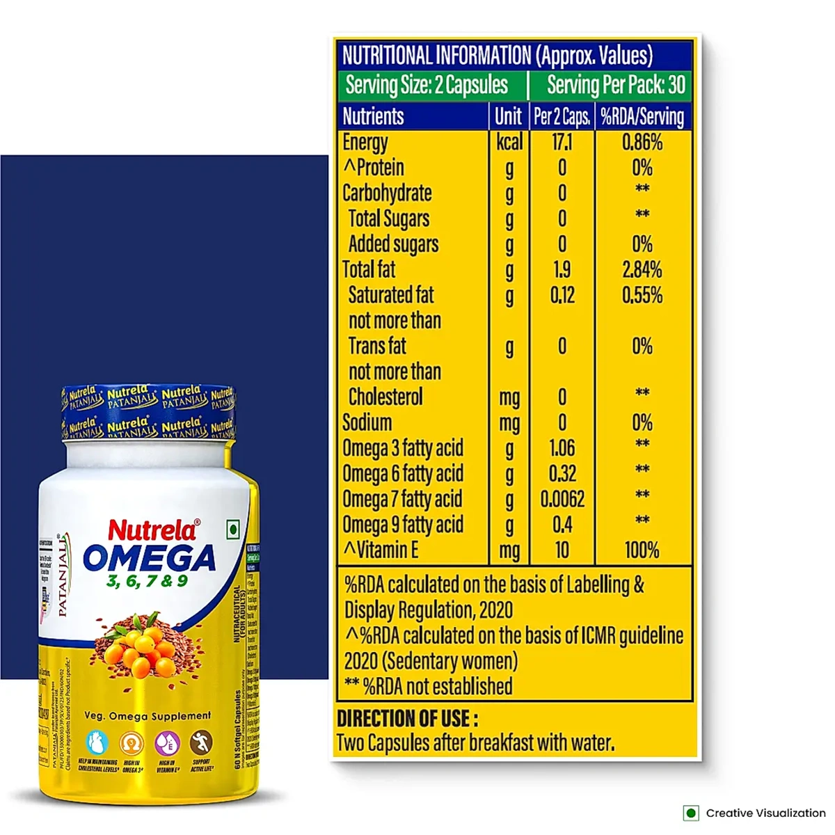 Patanjali Nutrela Organic Omega 3 6 7 & 9 - 60 Capsules